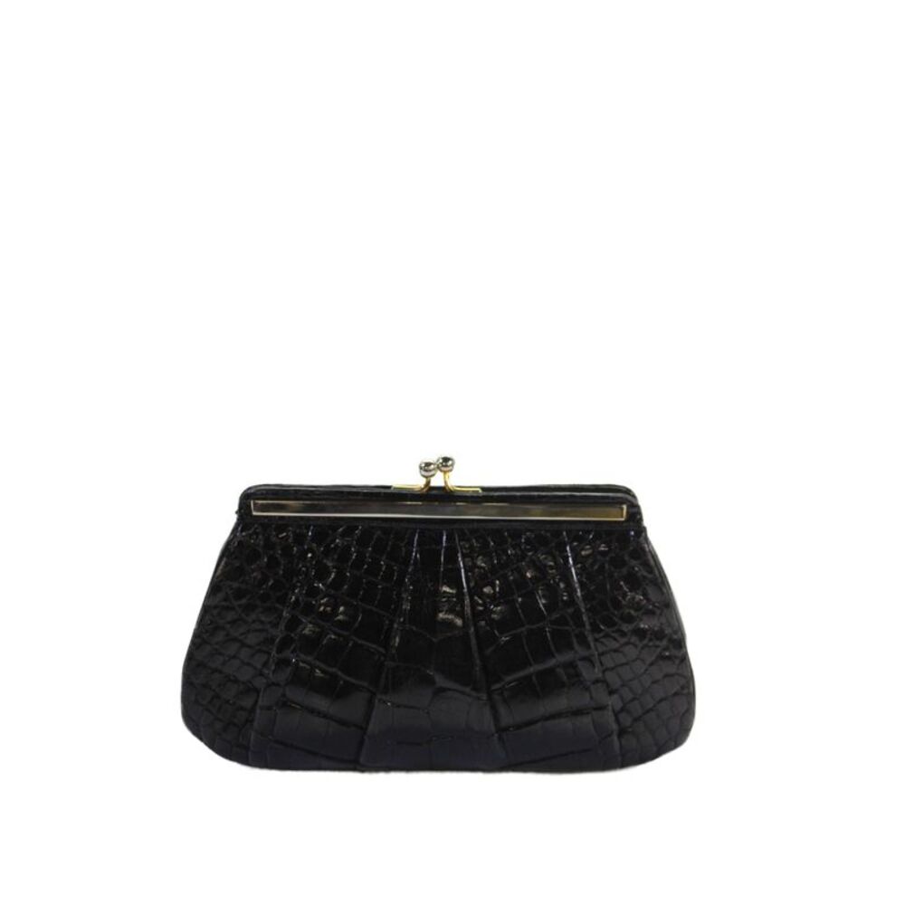 Judith Leiber Womens Leather Crocodile Print Pleated Front Clutch Handbag Black